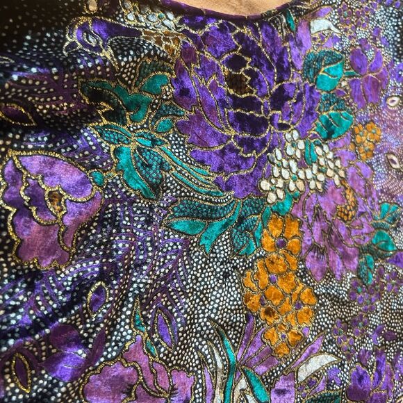 Vintage 80s Batwing Floral Embellished Purple Gold Glitter Top Glam Retro - Picture 2 of 8